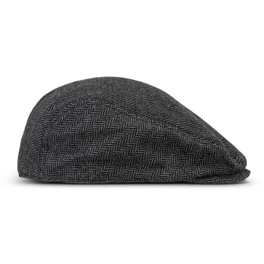 A grey herringbone flat cap with a rounded shape and a small peak. It features a logo on the inside.