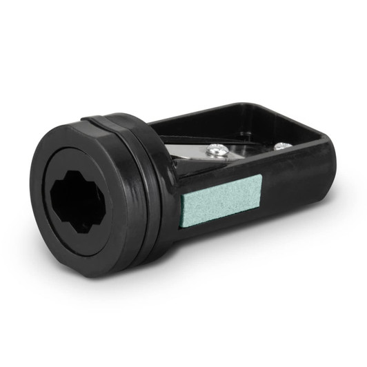 A black carpenter's pencil sharpener with a triangular design and a green sharpening strip. Features a silver attachment.