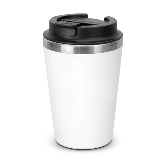 A drink bottle in white with a stainless steel rim and a black lid. It features a logo on the side.