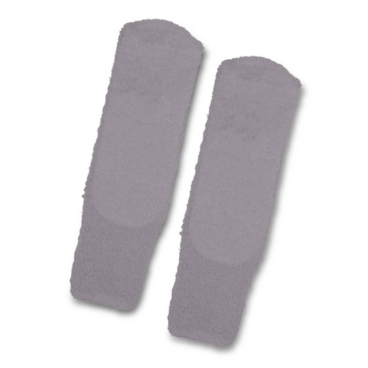 A pair of fluffy grip socks in grey, featuring a soft texture and a non-slip underside.