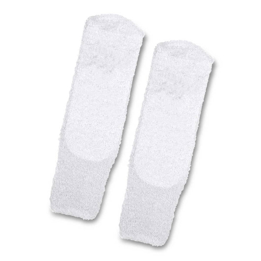 Fluffy white grip socks with a textured surface, featuring a logo on one side.