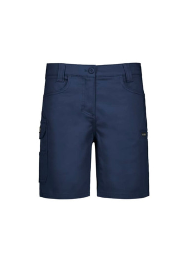 Navy women's essential stretch cargo shorts with side pockets and a logo. Suitable for casual wear.