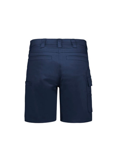 Navy women's essential stretch cargo shorts, featuring multiple pockets and a fitted design. Includes branding.