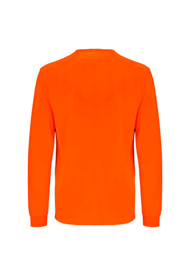 An orange long sleeve safety tee, featuring a simple design and a logo on the back.