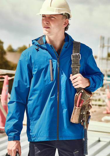 A blue unisex super light packable rain jacket worn by a person with a hard hat, holding a tool belt.