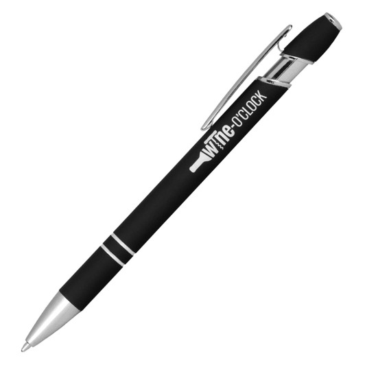 A black Talara Click Action Ballpoint Pen with silver accents and a logo on the barrel.