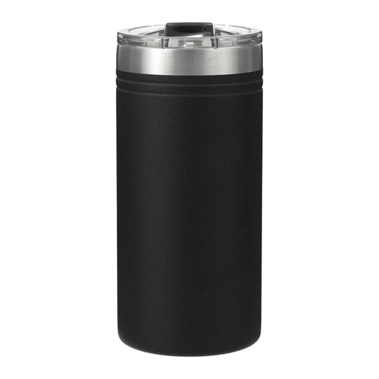A drink bottle in matte black finish with a silver lid, featuring a logo. Ideal for keeping beverages cold.