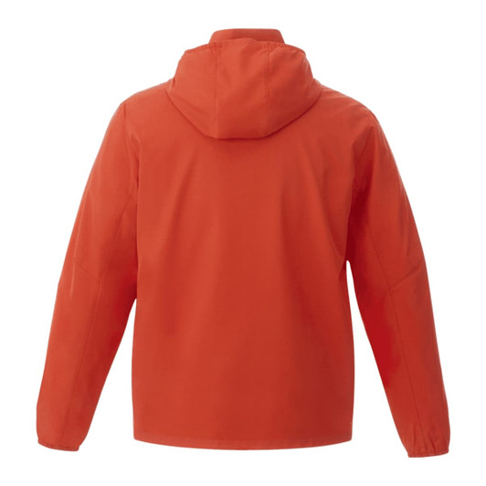 An orange men's packable jacket with a hood, featuring a logo on the back. Suitable for rain protection.