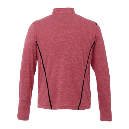 A red half-zip jacket with back seam detailing and a logo on the collar.