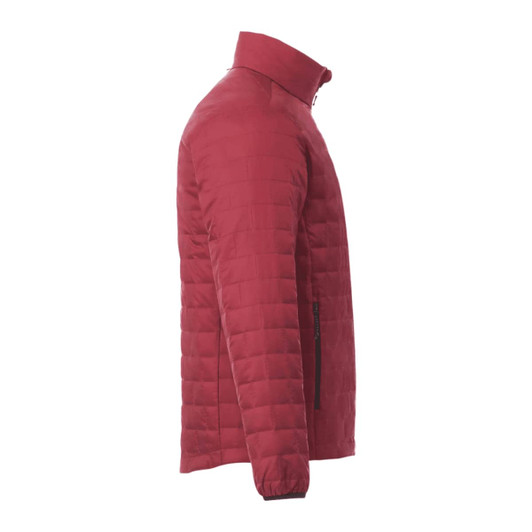 A lightweight, packable insulated puffer jacket in a deep burgundy colour, featuring a high collar and side zippers.
