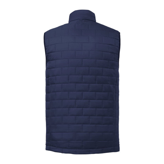 A lightweight, packable insulated puffer vest in navy blue with a quilted design and a collar.