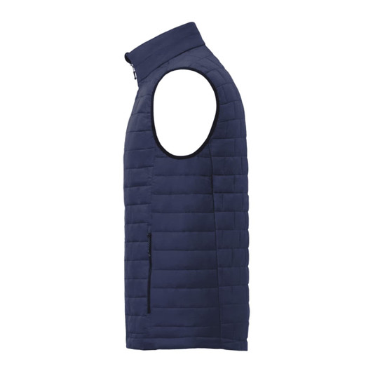 A navy lightweight packable insulated puffer vest with a high collar and a side zip pocket.