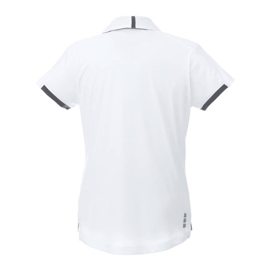 A white women's short sleeve performance polo shirt featuring black accents and a logo.