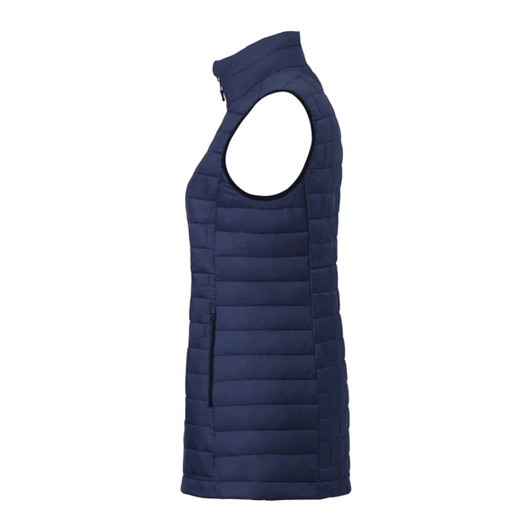 A lightweight navy puffer vest with a zip fastening and side pockets, featuring a logo on the fabric.