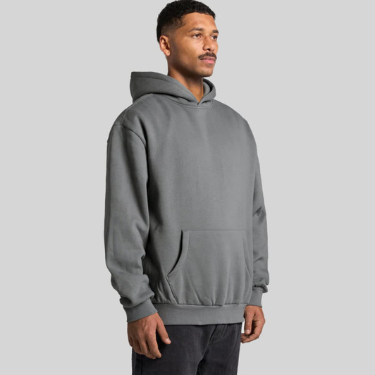 A grey hoodie with a kangaroo pocket and a hood, featuring a logo on the front.