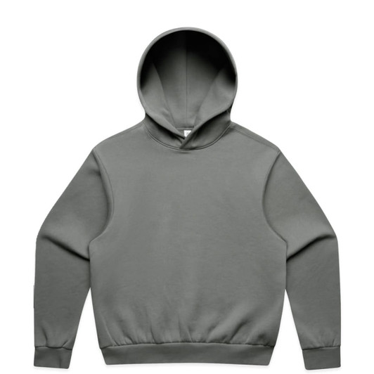 A grey hoodie without a front pocket, featuring a minimalist design and a brand logo.