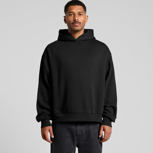 A black jumper with a hood, featuring a relaxed fit and long sleeves. Includes a logo on the design.