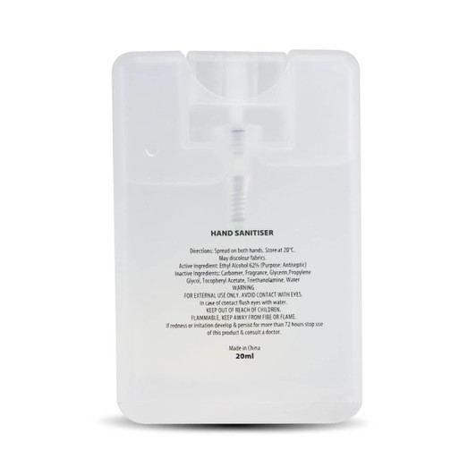 A clear, rectangular hand sanitiser card containing 20ml of liquid, featuring a built-in dispenser and a logo.