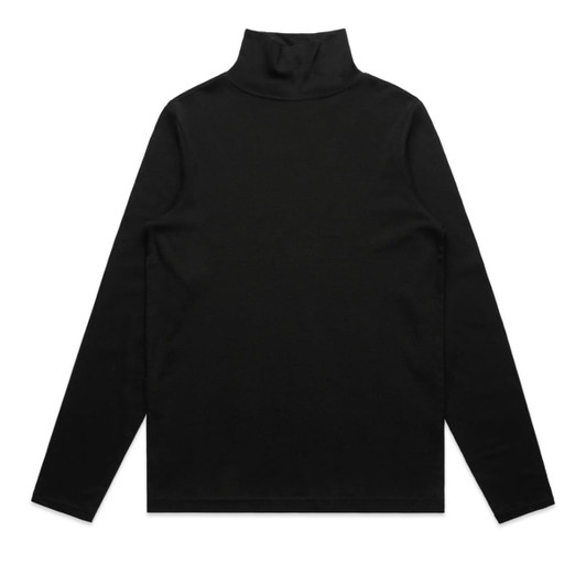 A black turtleneck jumper with long sleeves, featuring a high neck and a plain design. 