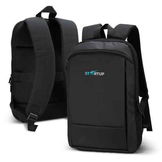 A black Kaden Soft Touch Backpack with padded straps and a sleek design, featuring a logo on the front.