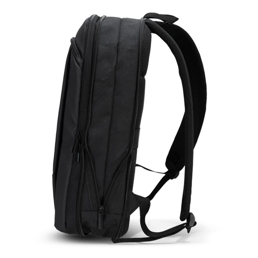 A black soft touch backpack with padded straps and multiple zippered compartments, featuring a logo.