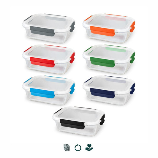 A set of seven transparent lunch boxes with colourful secure clips in red, blue, green, black, and orange.
