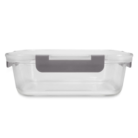 A clear lunch box with a grey handle, featuring a secure lid for storage. It has a simple, modern design.