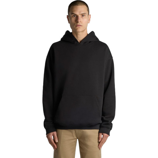 A black hoodie with a front pouch pocket and a drawstring hood, featuring a logo on the sleeve.