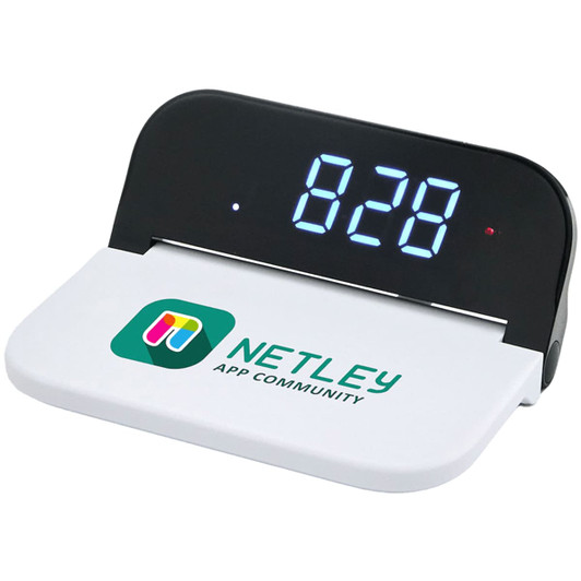A digital power clock with a wireless charging pad, featuring a black bezel and a white base with a logo.