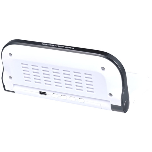 A wireless charger in white and black with a sleek design, featuring a logo and multiple buttons on the side.