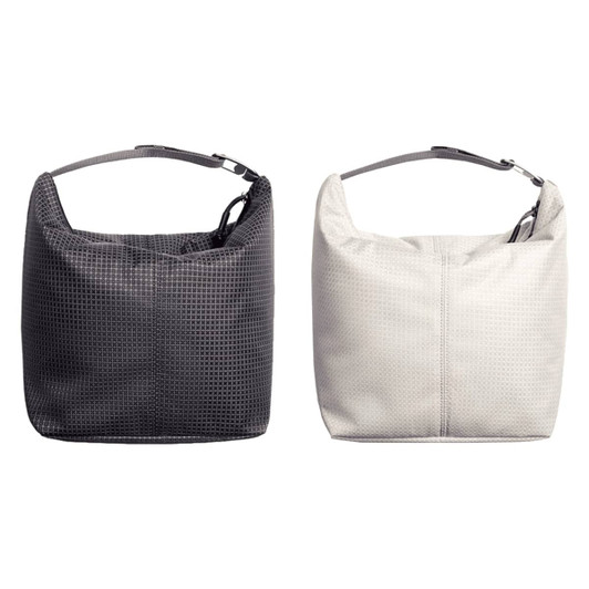 A drink bottle cooler bag in black and cream, featuring a simple design and a shoulder strap. Brand logo visible.