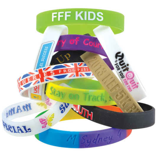 A collection of colorful 12mm wide silicone wristbands featuring various slogans and designs.