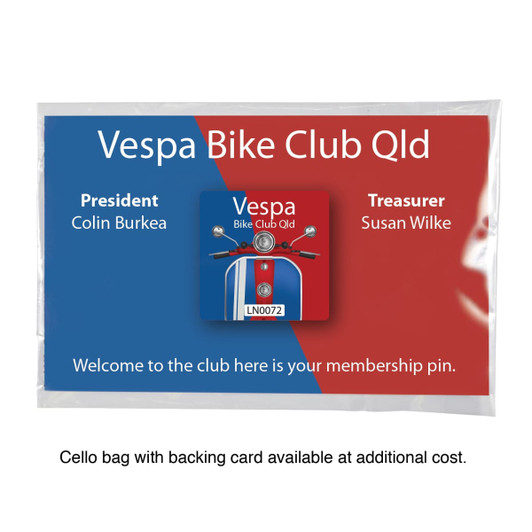A 25mm aluminium badge featuring a scooter design, presented in a red and blue backing card with a logo.