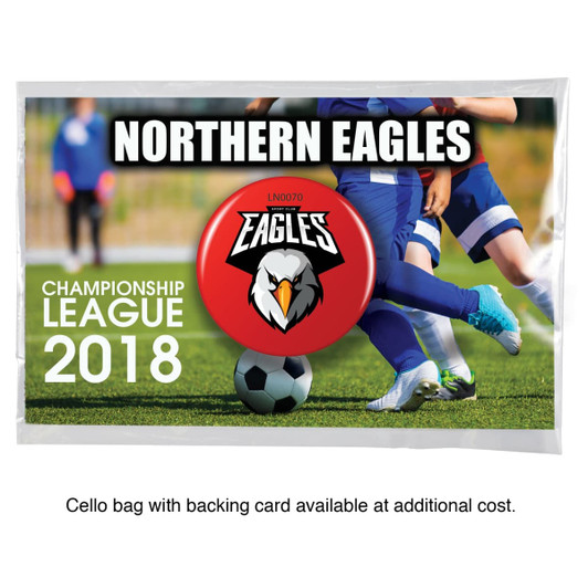 A red button badge with a logo, displayed with a themed background featuring soccer players and a ball.