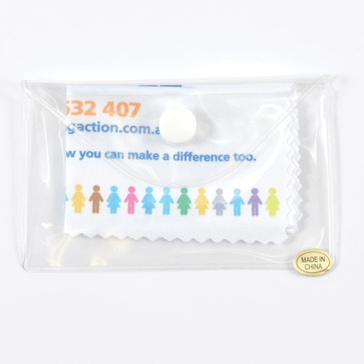 A microfibre lens cloth in a clear pouch, featuring a colorful design with silhouettes of people.