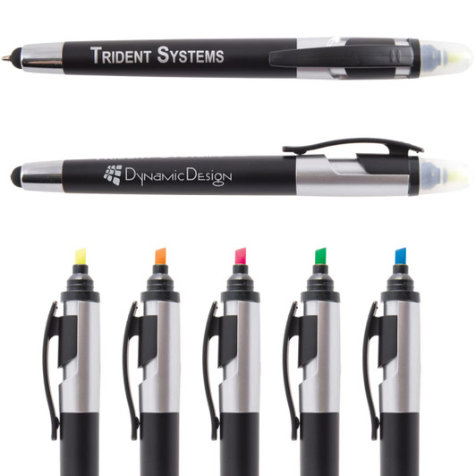 A collection of pens and stylus highlighters in black and metallic colors, featuring a variety of vibrant ink tips.
