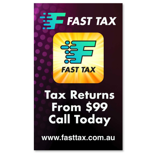 A promotional poster featuring a logo, vibrant colors, and text about tax return services, including a call to action.