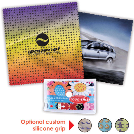 A colorful microfibre lens cloth with a gradient design, accompanied by a packaged set of patterned lens cloths.