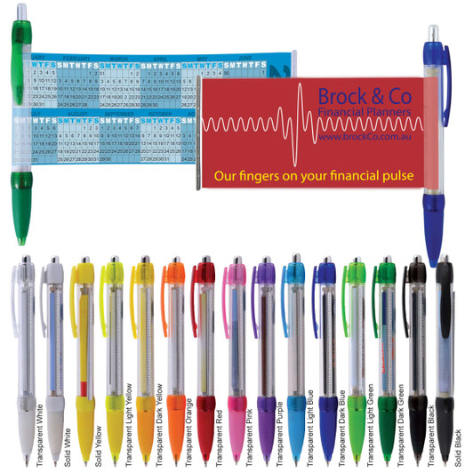 A collection of colorful plastic pens in various shades, with a promotional item and branding included in the image.