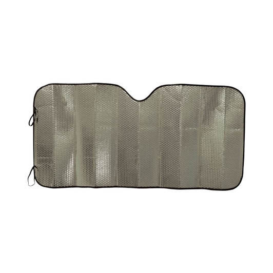 A metallic car sun shade featuring a concertina design, designed to reflect sunlight and keep the vehicle cool.
