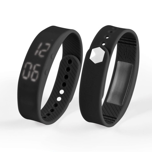 A black Stride Pedometer Bracelet 2.0 with a digital display and a smooth silicone band. Features a logo.