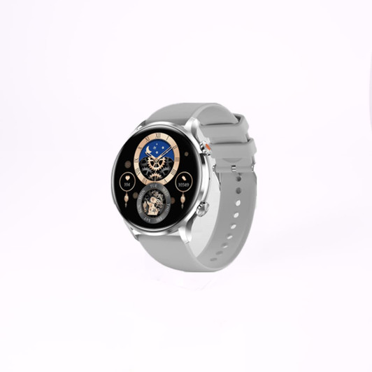 A silver and gray smart watch with a round face displaying intricate watch features and a digital interface.