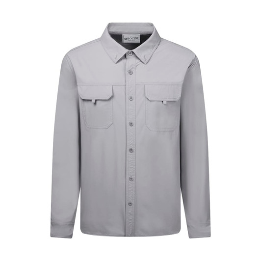 A light grey long sleeve outdoor shirt featuring two chest pockets and a button-up front. It has a logo on the collar.