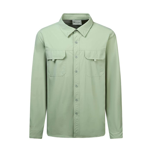 A long sleeve outdoor shirt in light green with two front pockets and a collar. It features a logo.