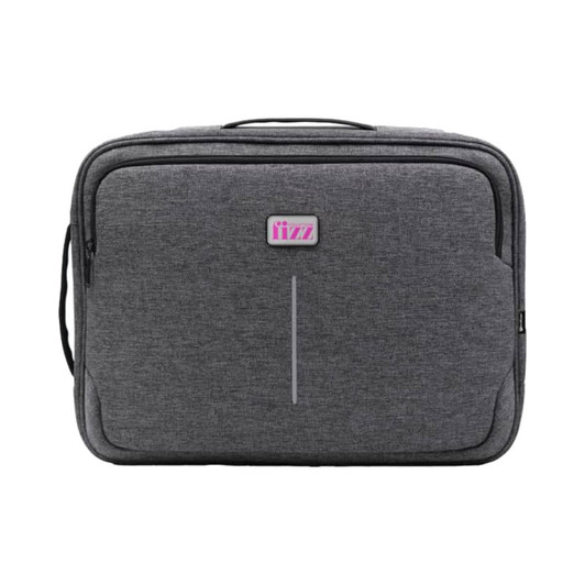 A grey laptop bag with a front pocket and a branded logo. It features a sleek design and sturdy handle.