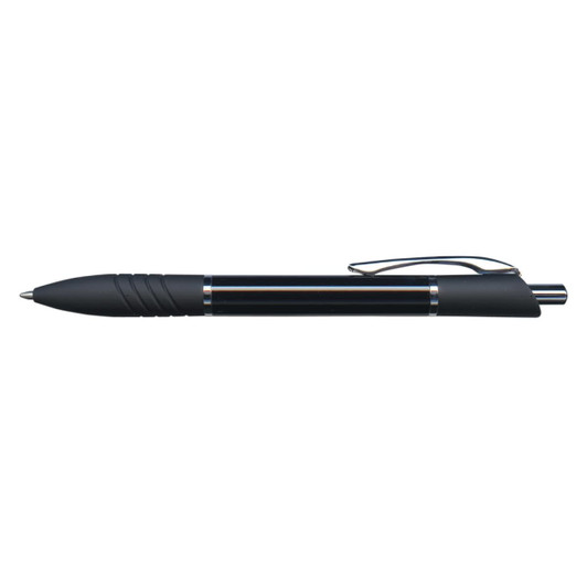 A sleek metal pen with a black finish and textured grip, designed for comfortable writing.