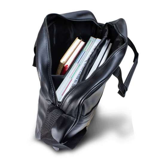 A black laptop bag with an open top, containing notebooks and documents inside. It features a shoulder strap and a logo.