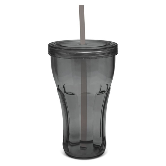 A drink tumbler in a smoky grey colour with a reusable straw and a secure lid. It has a logo on the side.