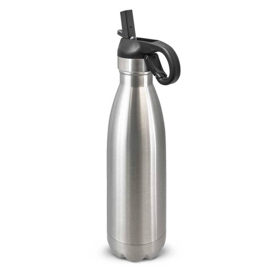 A drink bottle with a sleek stainless steel design and a black flip lid, featuring a handle and a logo.