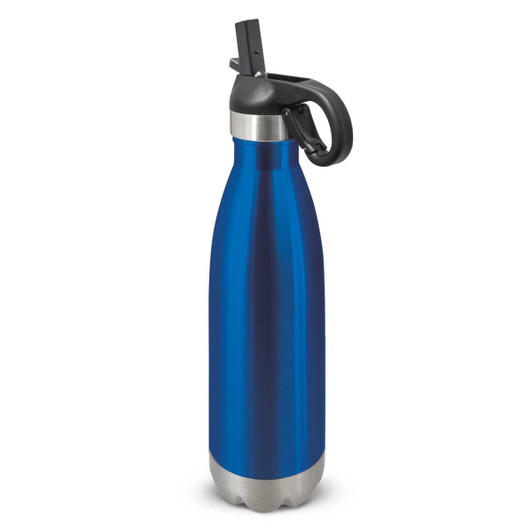 A drink bottle in a shiny blue finish with a stainless steel base and a flip lid. Features a black handle and logo.